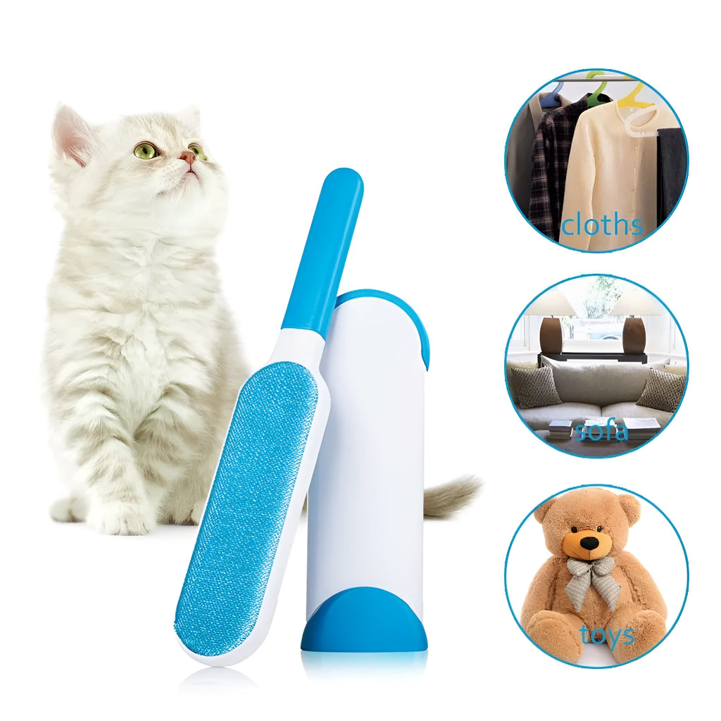 Blue reusable pet hair removal comb with a large double-sided sticky brush and a self-cleaning base unit.