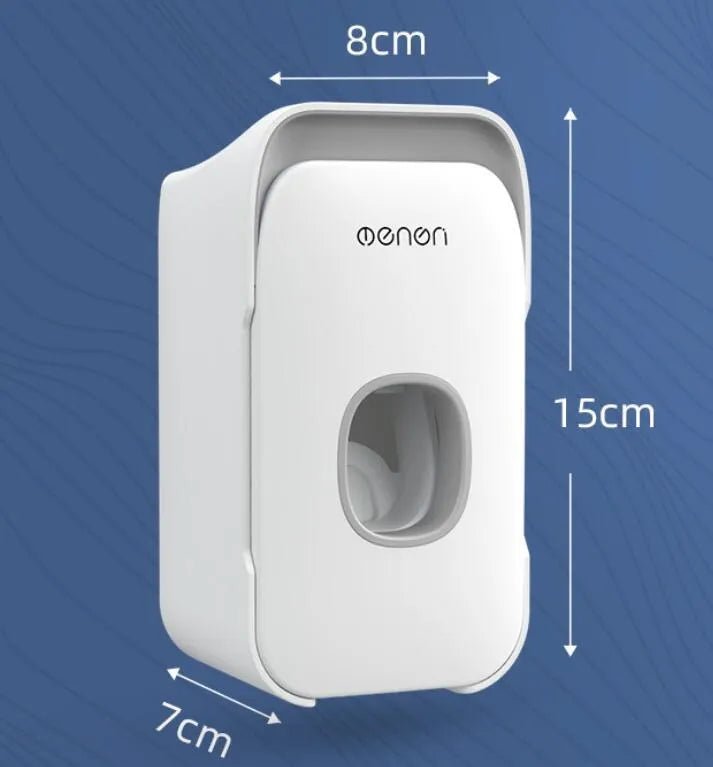 Automatic toothpaste dispenser unit mounted on a bathroom wall in blue colour.