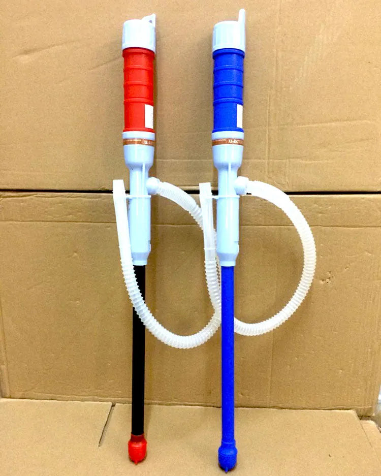 Manual hand siphon pump for fuel and liquid transfer in red or blue colour.