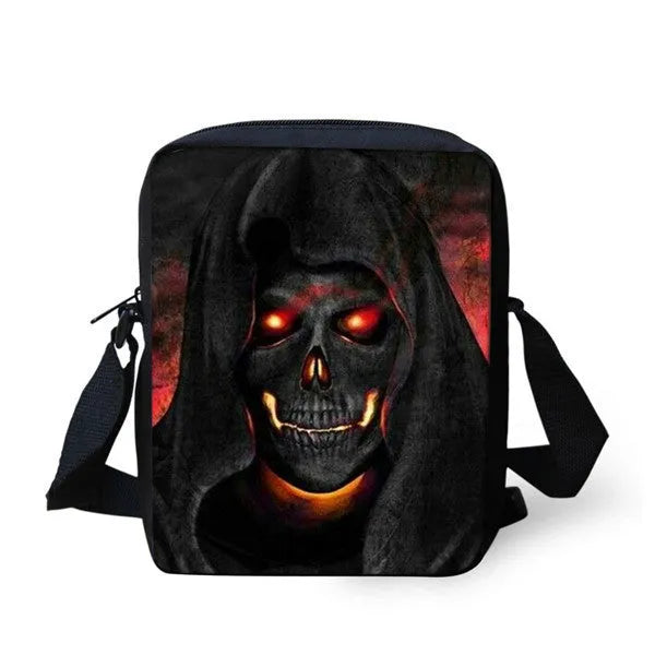 Children's messenger bag with skull patterns showing double straps and zipper closure