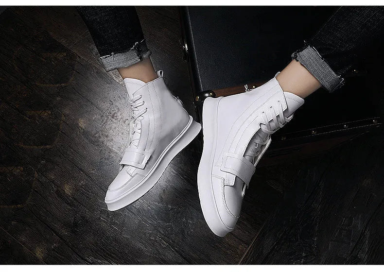 Men's black and white high-top sneaker style ankle boots made from PU leather microfiber for winter.