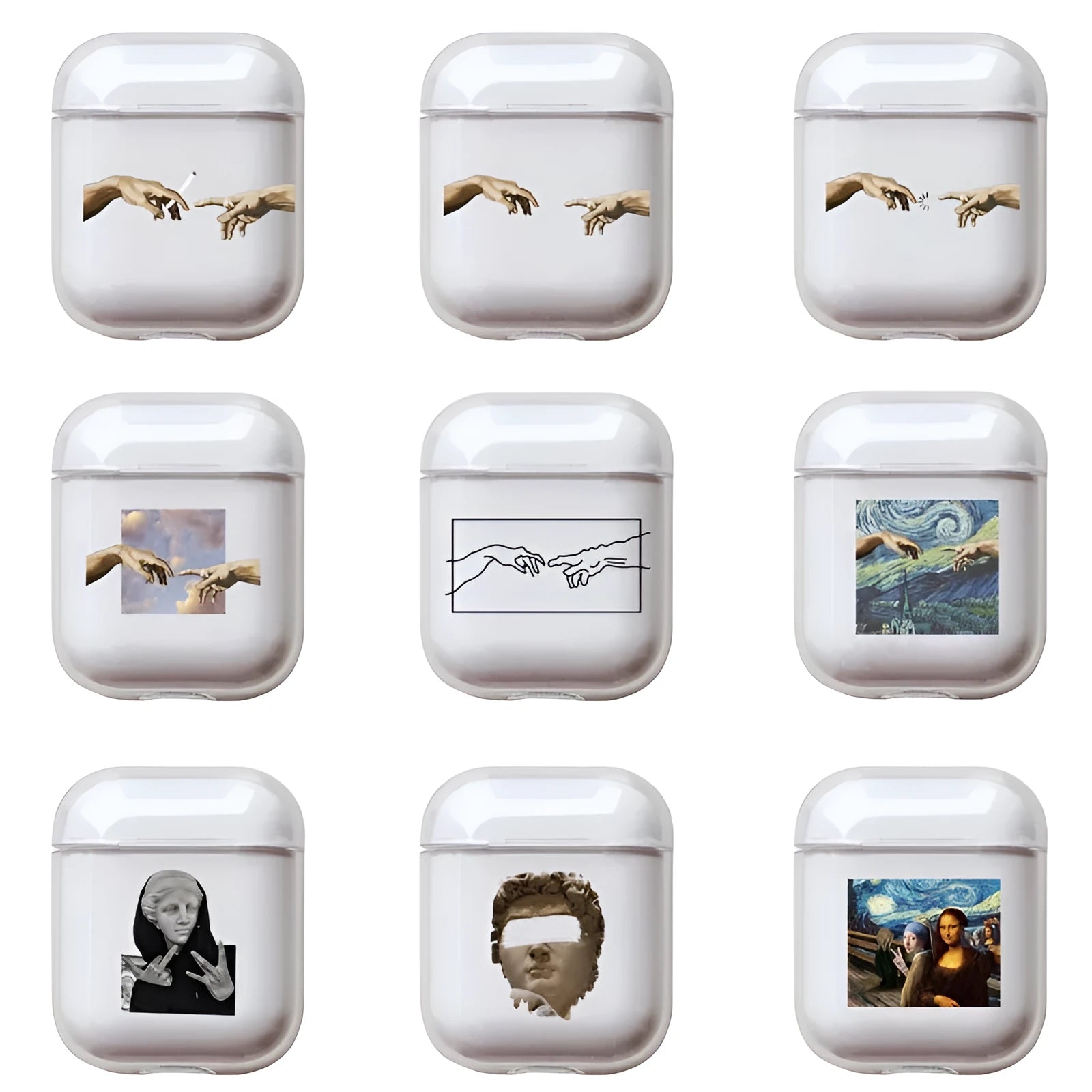 Transparent plastic protective case for Apple AirPods showing colour style options