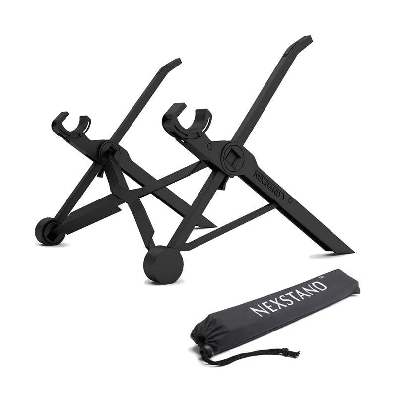 Sagacious black portable folding laptop stand on table with carrying case