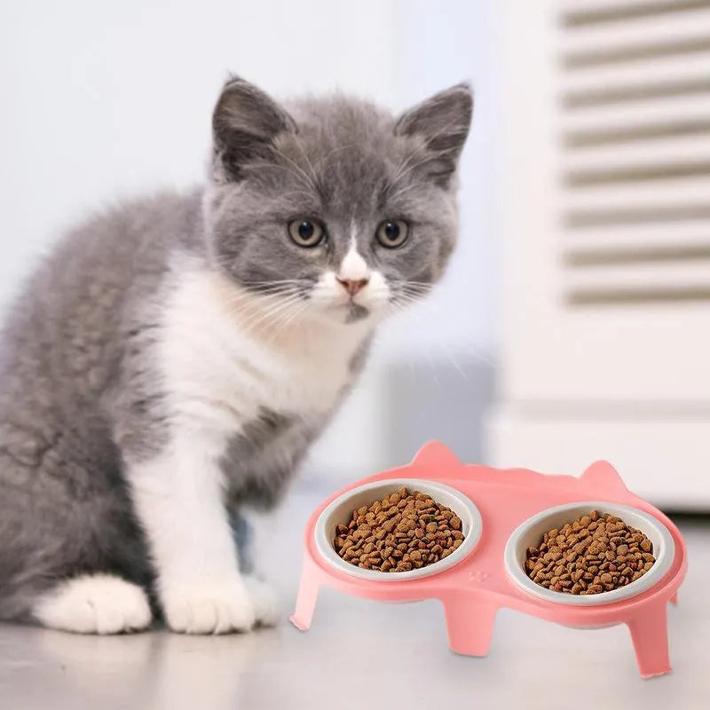 Ceramic cat food and water bowl set on elevated tilted stand with hook design
