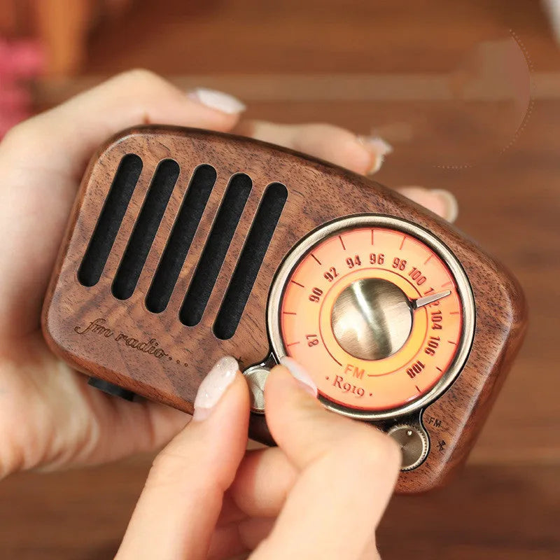 Retro wooden wireless mini speaker in cherry wood or walnut finish with compact dimensions