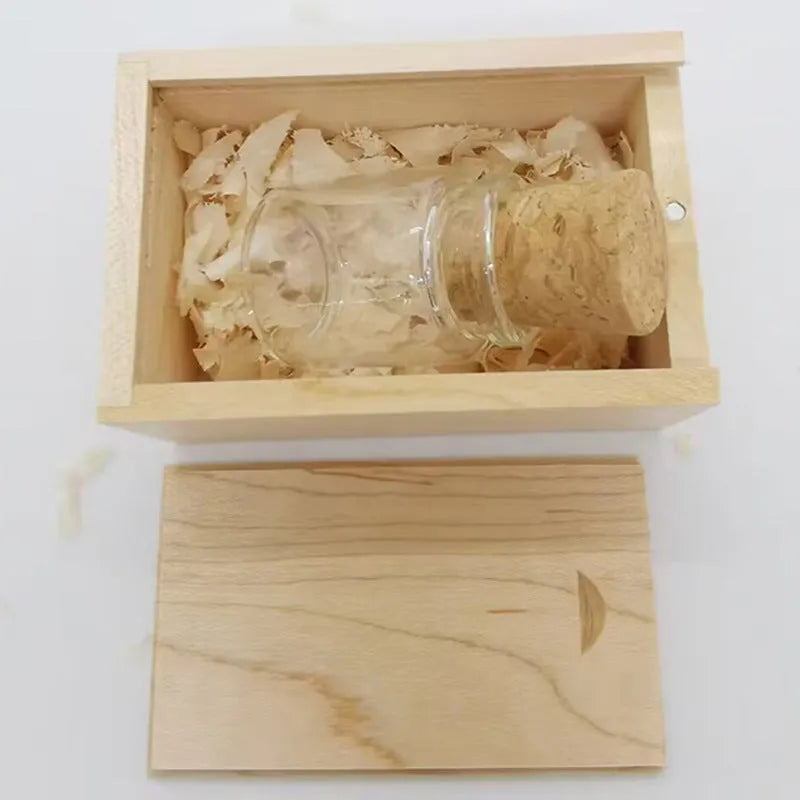 Wooden wish drift bottle USB flash drive in transparent plastic casing showing dimensions
