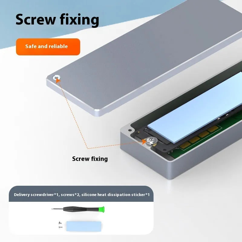 Aluminium M.2 NVMe SSD external enclosure with USB Type-C cable and installation tools on a grey background.