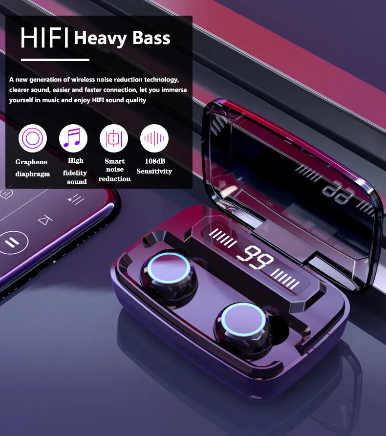 Black Bluetooth wireless headset with digital display, touch controls, and integrated mobile phone holder.