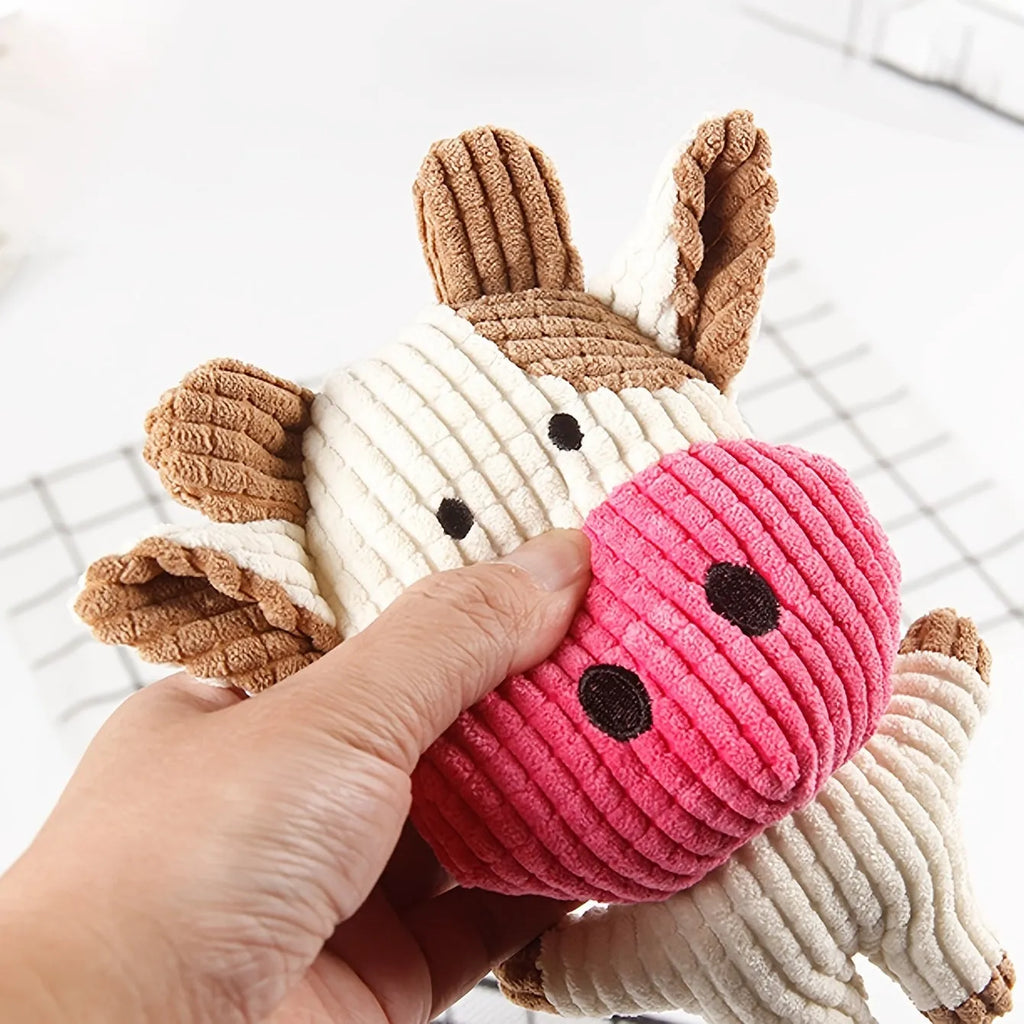 Animal shaped plush dog chew toy with squeaker in blue, brown, cow, gray, pink, white or yellow