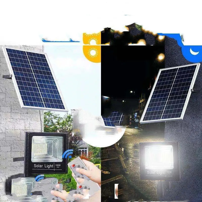 Black solar-powered LED flood light for outdoor garden use with remote control.