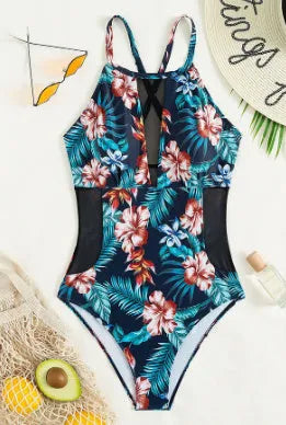 Women's deep V-neck one-piece swimsuit in solid colour and gradient prints with polyester lining