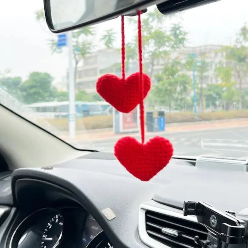 Green and white knitted wool car plant decoration hanging from 25cm white rope