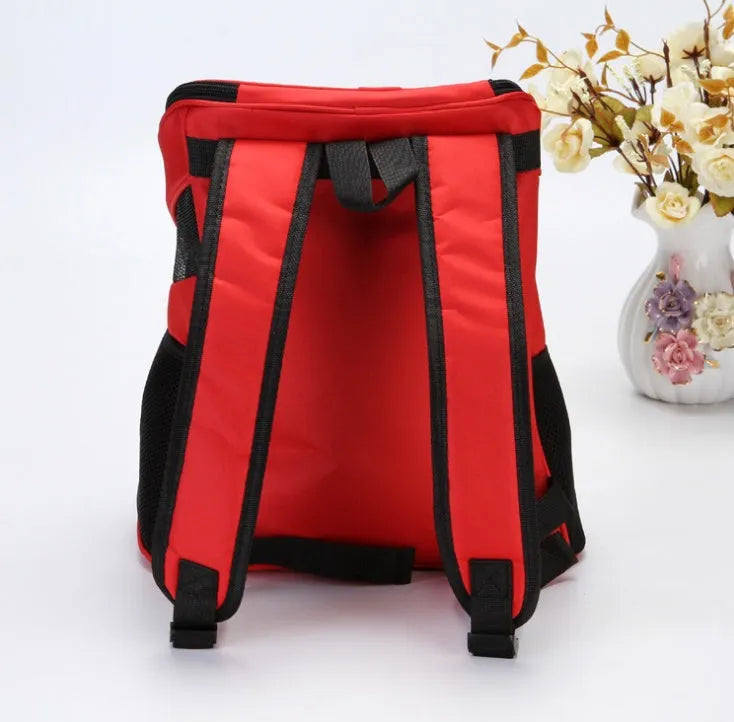 Breathable polyester pet travel backpack carrier in red, 30x25x35cm, for small dogs and cats.