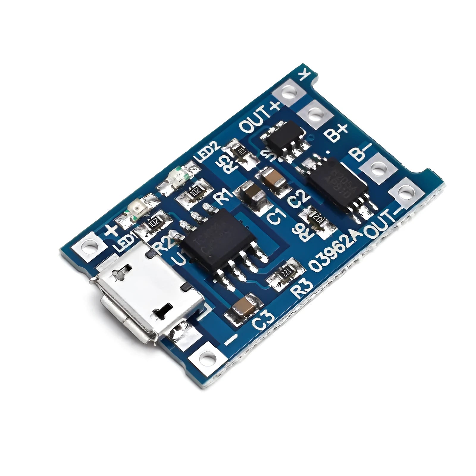 Blue lithium battery charging and protection circuit board measuring 2.6 by 1.7 centimetres.