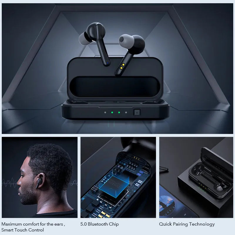 Black and white true wireless stereo earbuds with Bluetooth 5.0 and IPX5 waterproof rating.