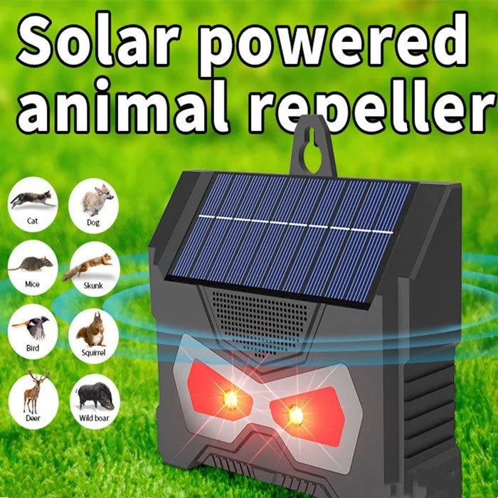 Black animal-shaped solar ultrasonic repeller with charging cable for outdoor pest control