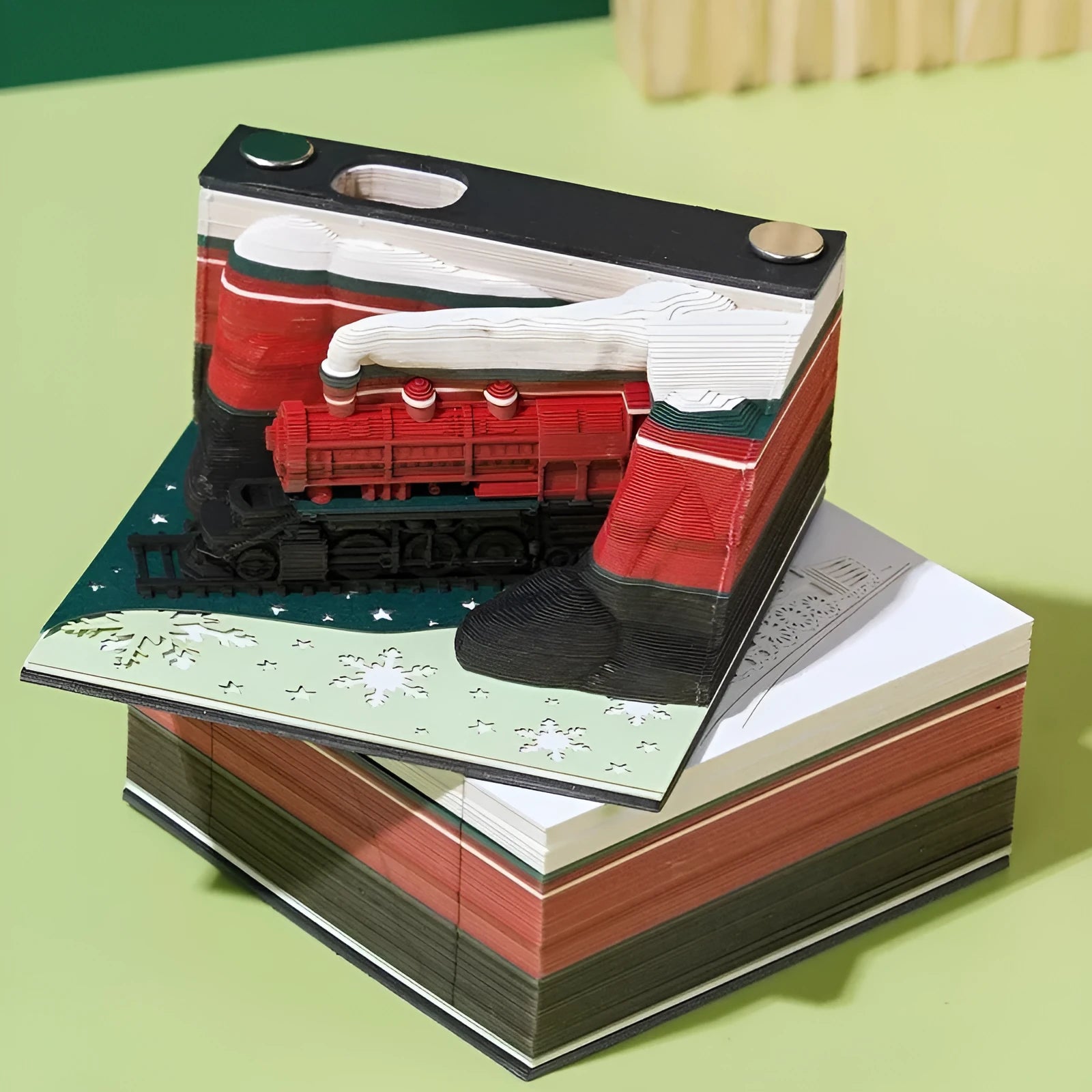 3D sticky notes pad with carved Qingshui Temple design in Christmas Train cover colour