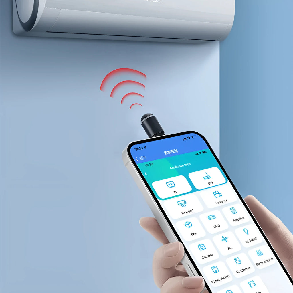 Black capsule infrared remote emitter with Lightning, USB-C, and micro-USB plug options on a white background.