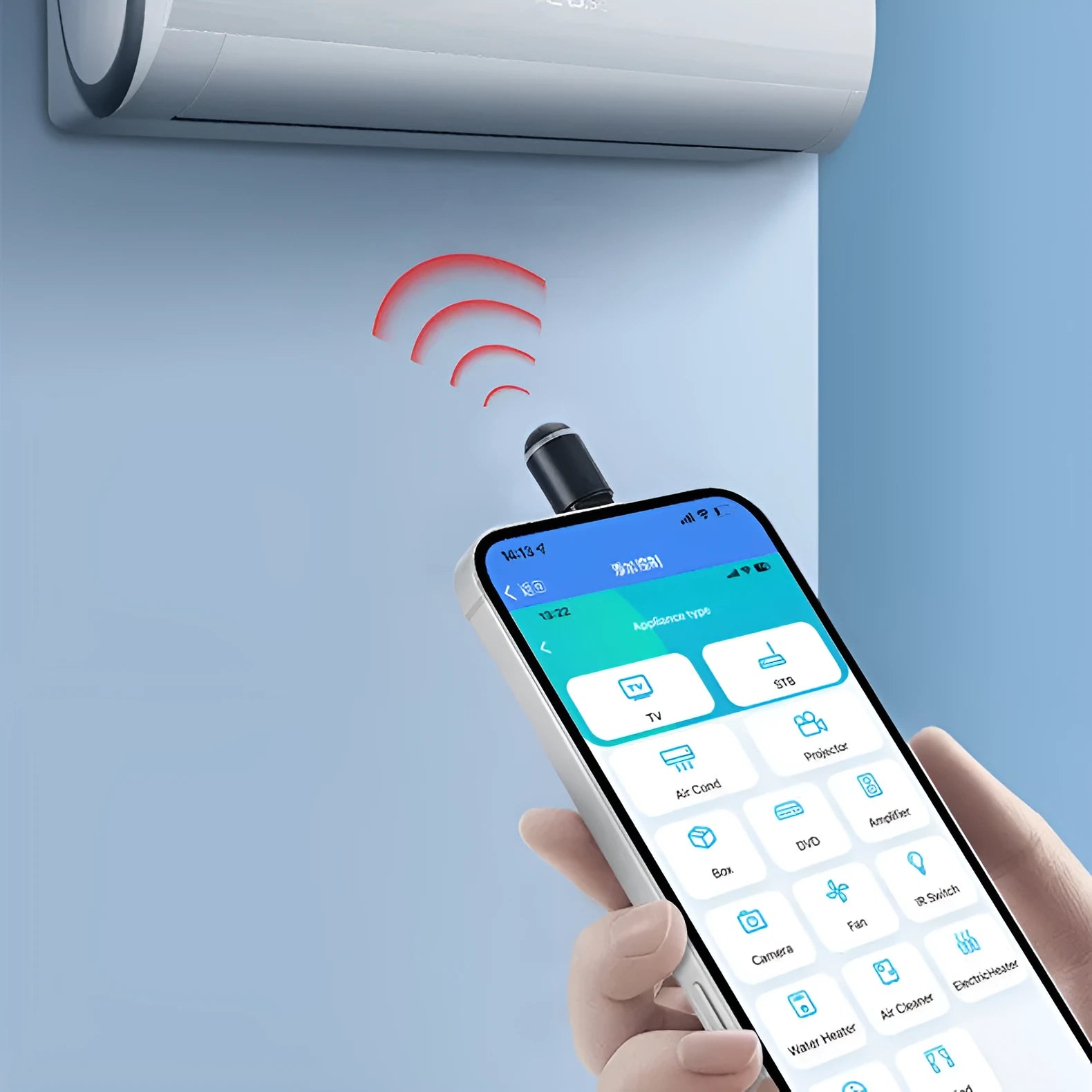 Black capsule infrared remote emitter with Lightning, USB-C, and micro-USB plug options on a white background.