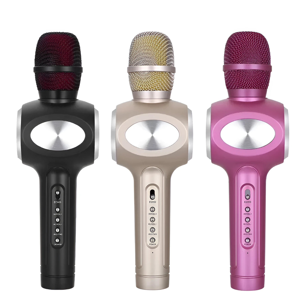 Yaerjia E108 mobile microphone in black, gold, or pink with capacitive pickup and built-in speaker