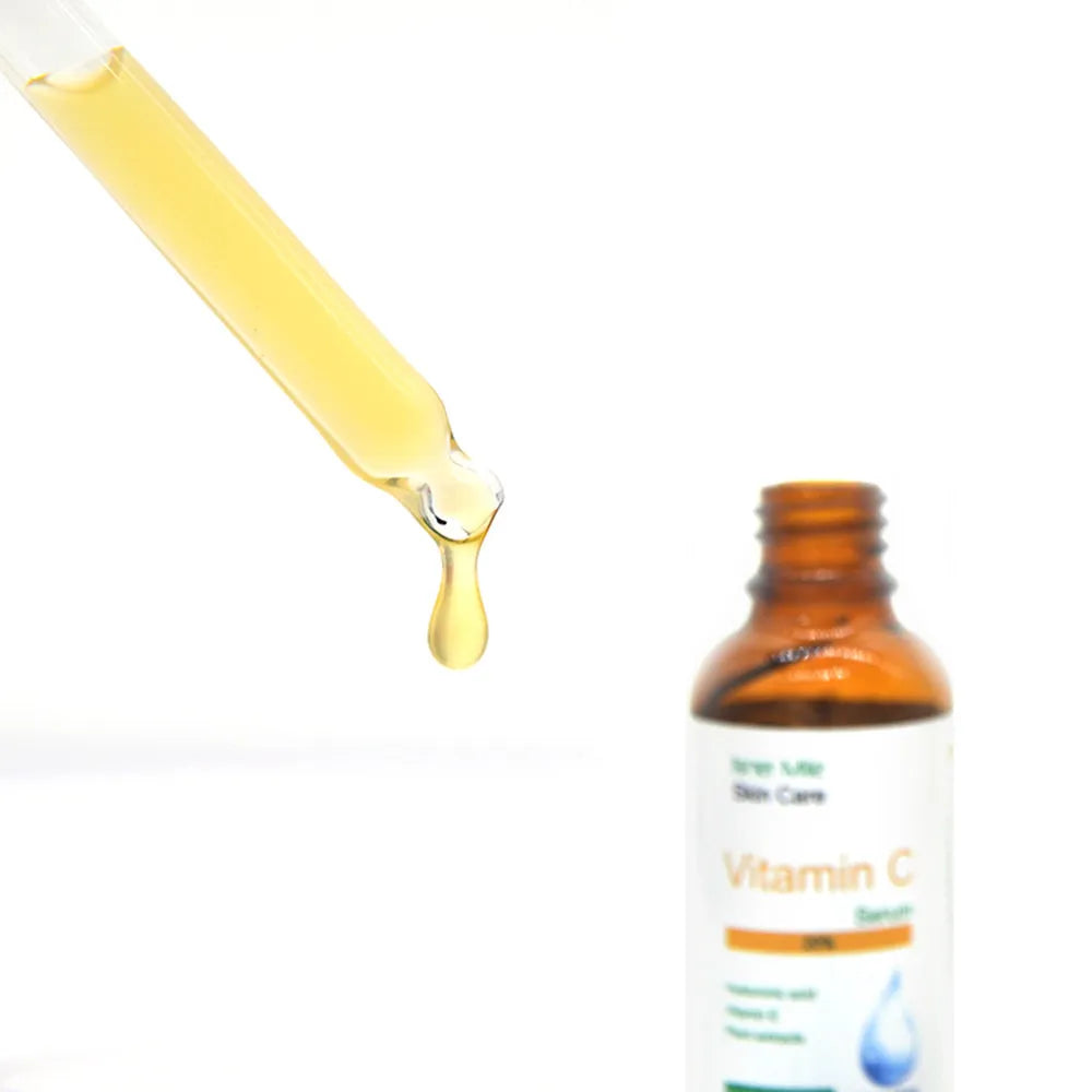 30ml bottle of undiluted Vitamin C skincare essence serum for dull uneven pigmented skin.