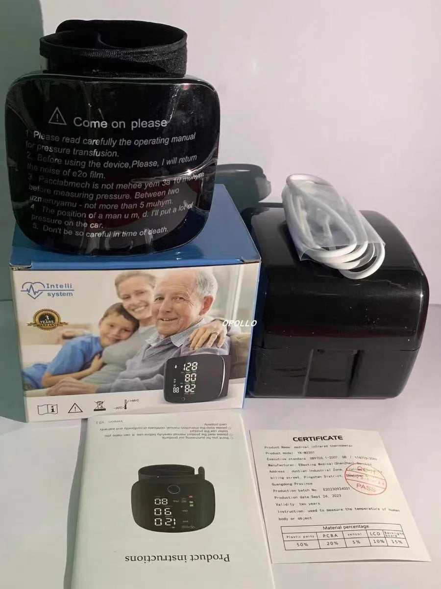 Black wrist blood pressure monitor with digital display and USB charging port