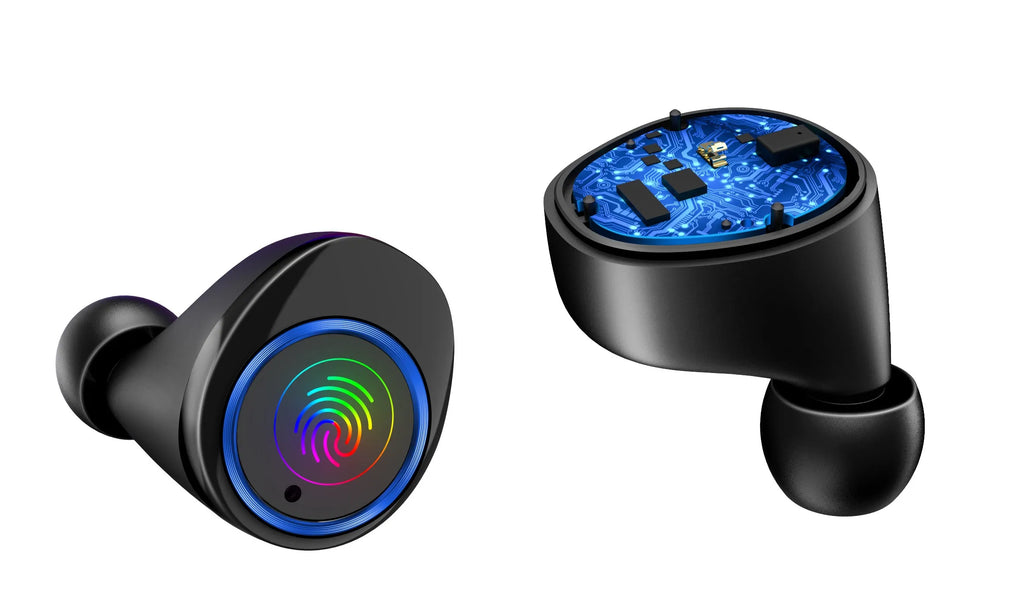Black X11 wireless Bluetooth earbuds and charging case with silicone ear tips on a white background.