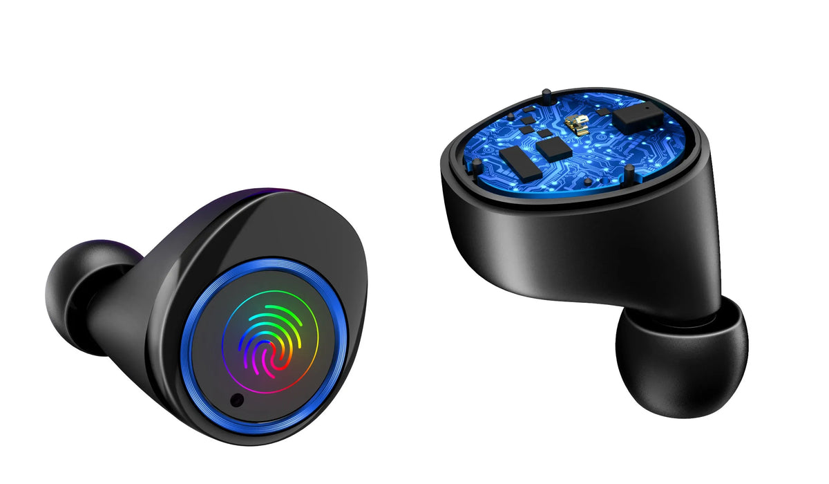 Black X11 wireless Bluetooth earbuds and charging case with silicone ear tips on a white background.