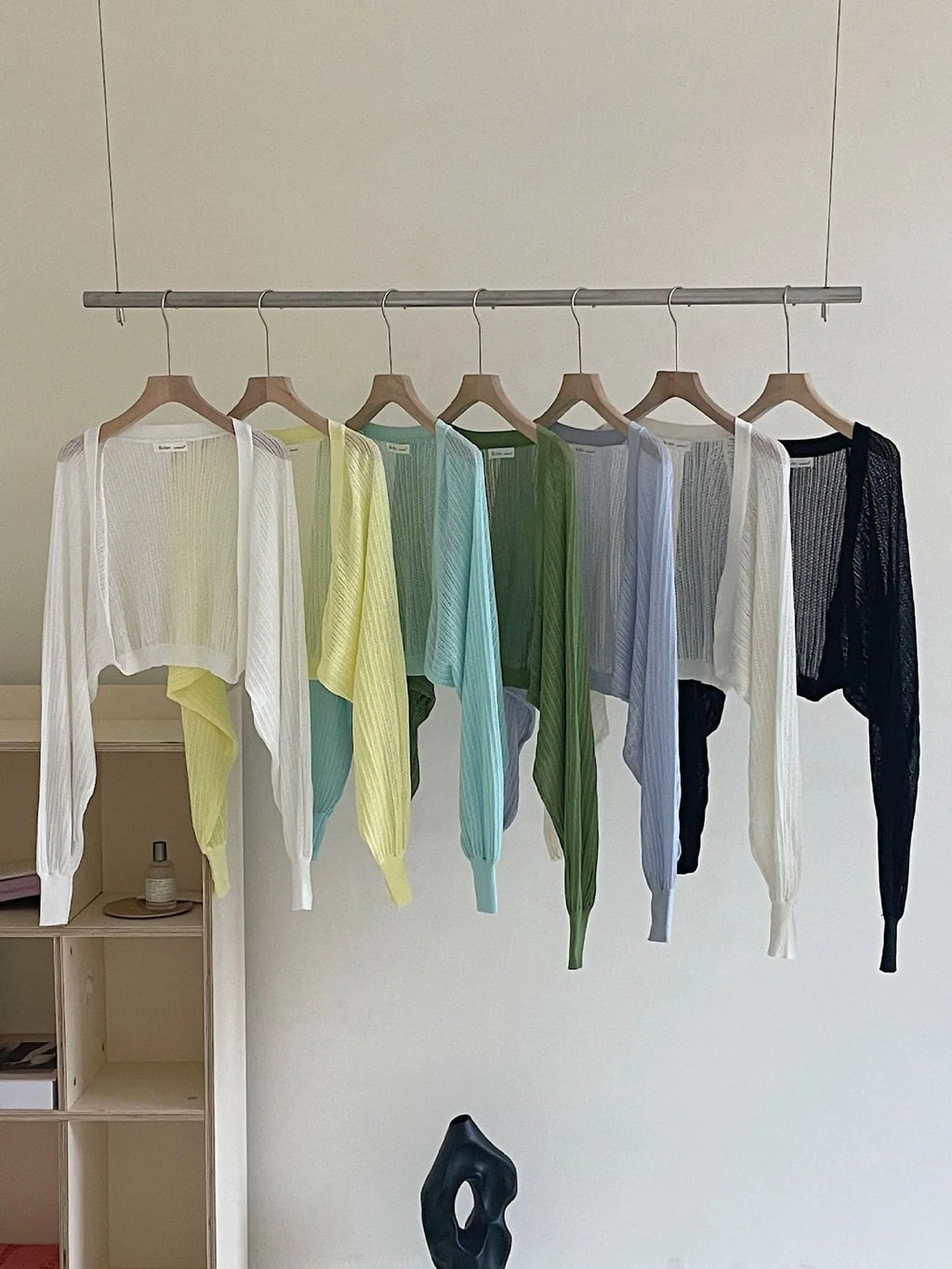 Hollow-out long sleeve blouse with lantern sleeves in apricot colour