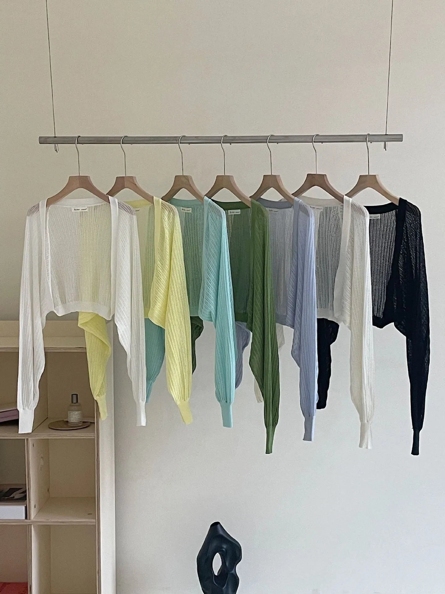 Hollow-out long sleeve blouse with lantern sleeves in apricot colour