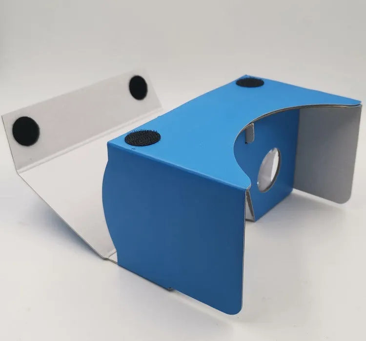 Pink and white cardboard VR glasses for smartphones with adjustable head strap and 3D lenses