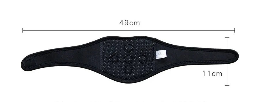 Black self-heating magnetic neck guard with adjustable shoulder strap on a mannequin neck.