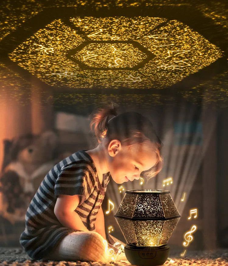Children's rotating stars projection night light showing three-colour LED starlight effects