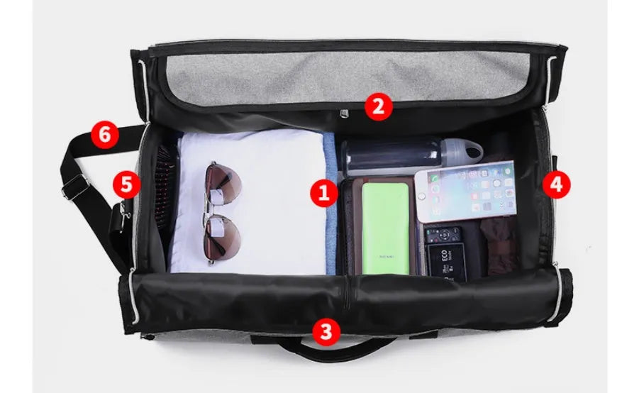 Red cylinder-shaped travel bag made from Oxford cloth with a zipper closure.