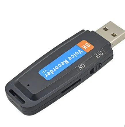 Black and white SK-001 SK-868 creative USB flash drive with voice function showing size scale.
