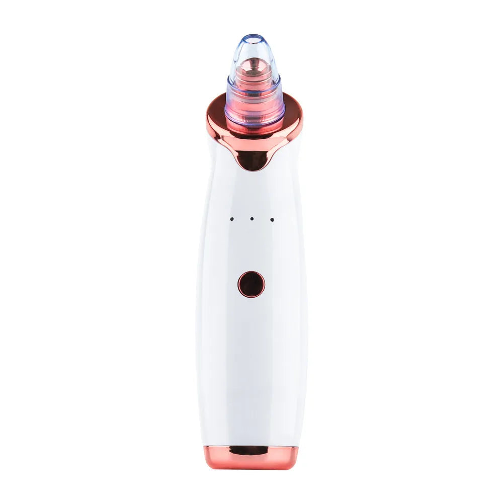 Black, gold, red, or white electric blackhead remover device with nozzle attachments on a white background.