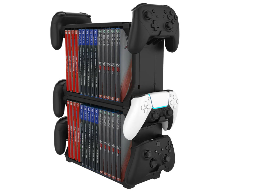 Black ABS plastic PS5 disc holder stand with slots for game cartridges and four controllers