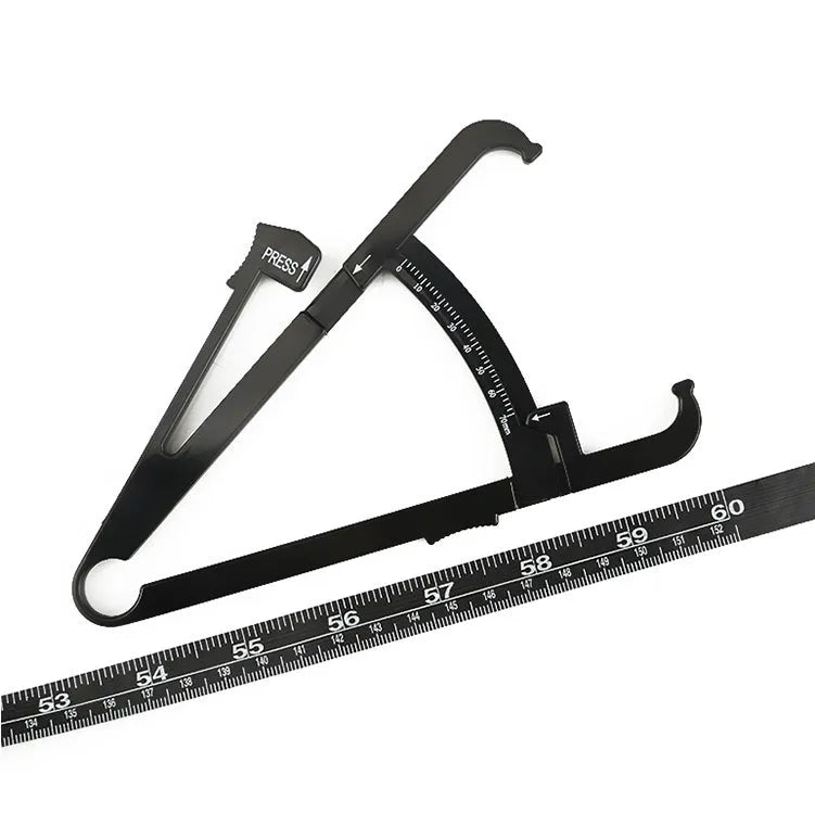 Black ABS plastic body fat caliper with measurement scale and a retractable measuring tape.