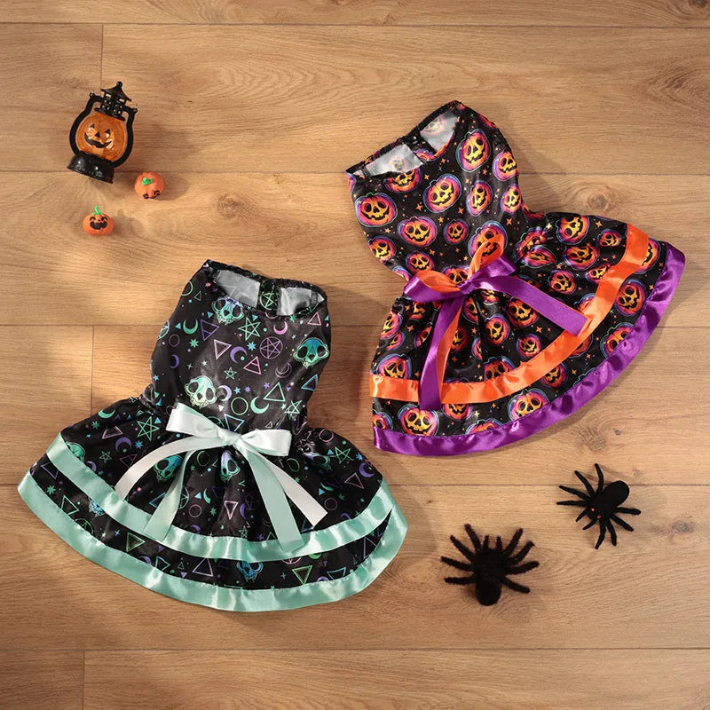 Halloween dog skirt in colourful pumpkin design on small dog