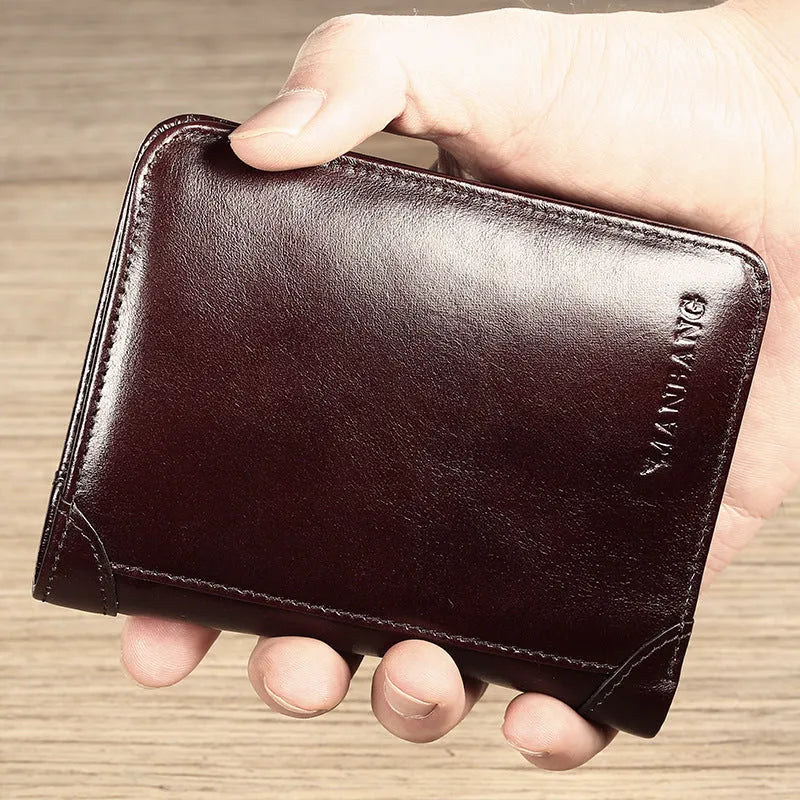 Men's black and coffee brown leather wallet open to show multiple internal card slots, note pocket, and coin compartment.