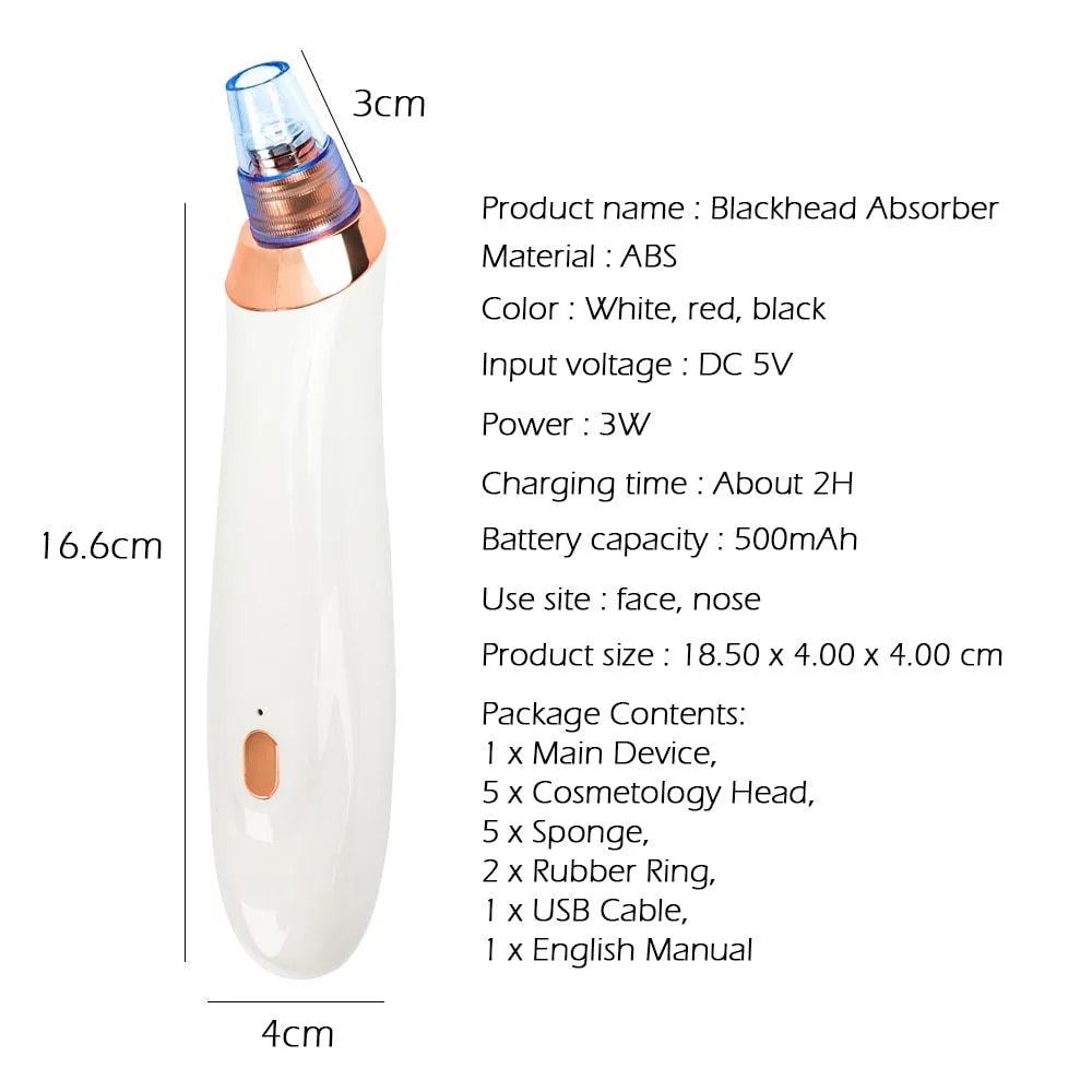 Black, gold, red, or white electric blackhead remover device with nozzle attachments on a white background.