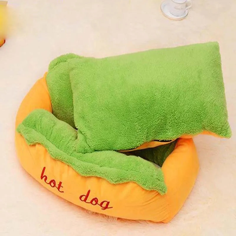 Soft flannelette hot dog bed for pets with removable cushion and anti-slip base in multiple sizes.