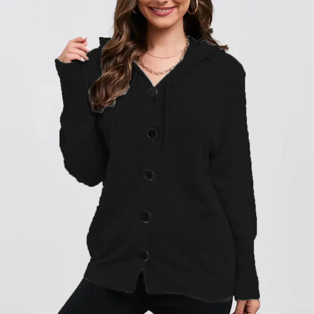 Women's zip-front hooded cardigan sweater in thick cotton fabric, loose fit with long sleeves