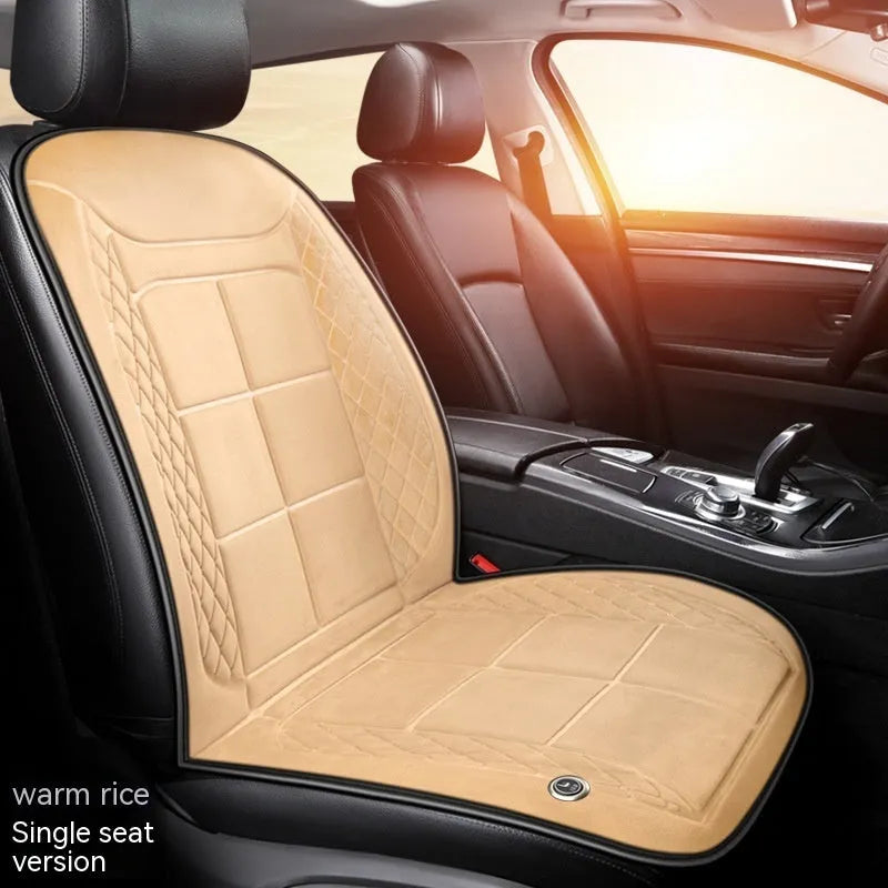 Car heating cushion on vehicle seat showing automatic heating function and cotton fill construction.