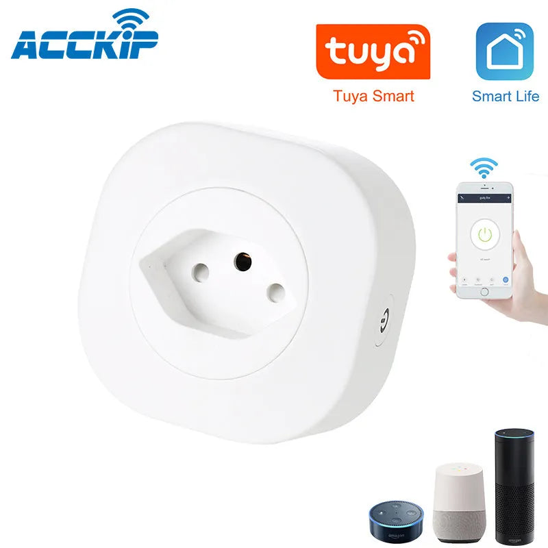 White Wi-Fi smart socket plug with EU style pins on a wooden table
