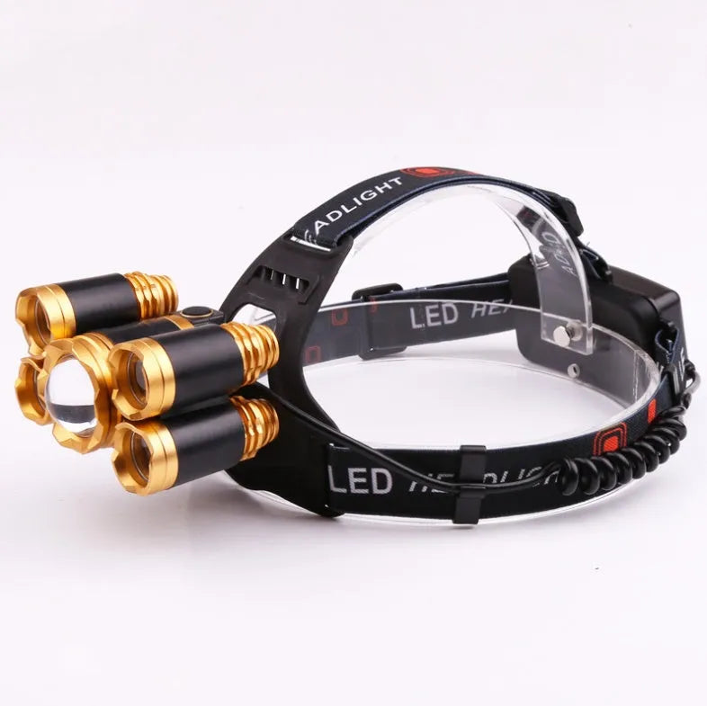 Gold or silver aluminium alloy head torch with adjustable head and zoom focus, showing sensor switch option.
