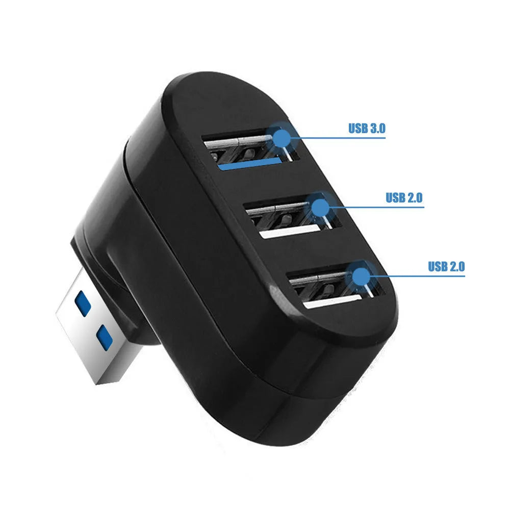 Black USB rotary splitter hub with four USB 3.0 ports on rotating design