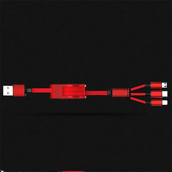 3 in 1 telescopic charging cable with 120 cm TPE cable and titanium alloy connectors in multiple colours