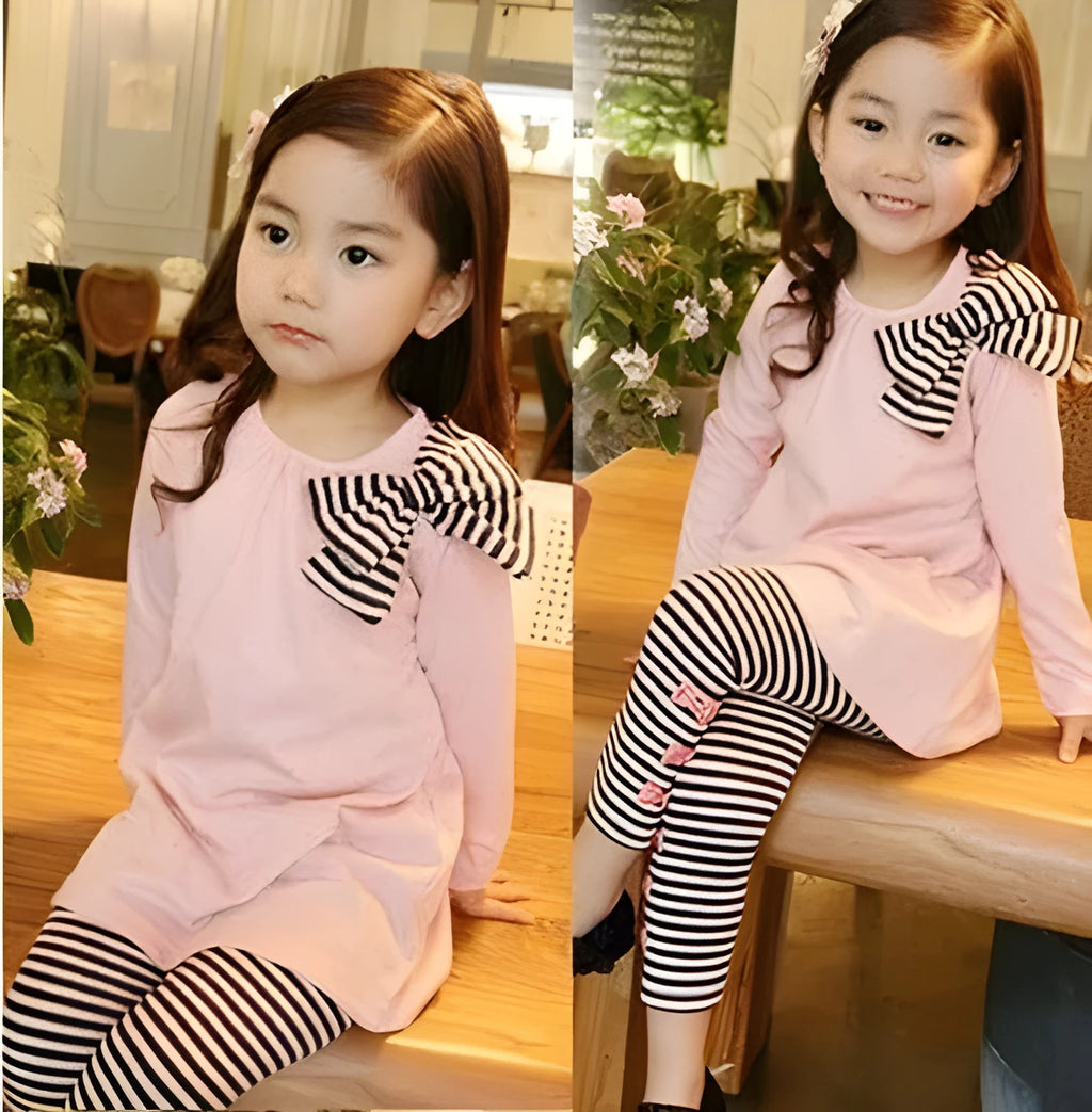 Pink cotton girls clothing set available in sizes 110cm, 120cm, 130cm, and 140cm
