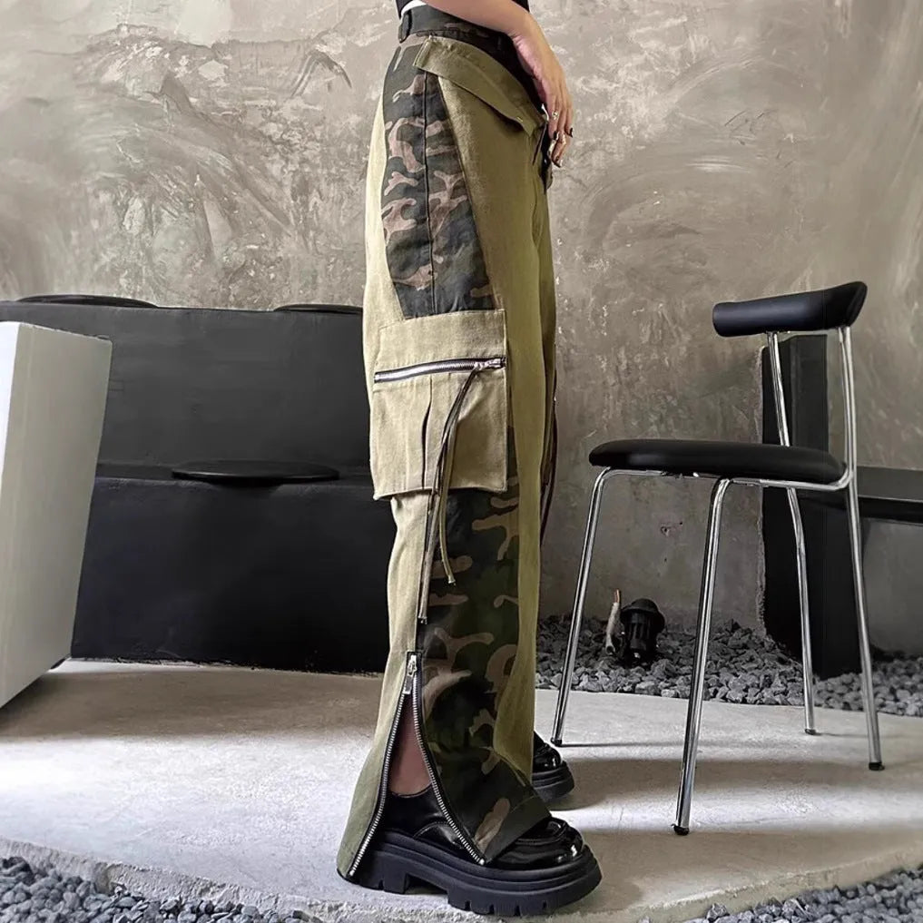 Dark khaki leopard print high waist straight leg denim trousers with contrast stitching detail.